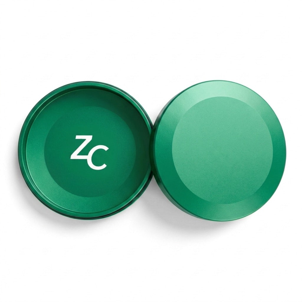 Z Caddy metal pouch can in green, lid and base shown separated from above