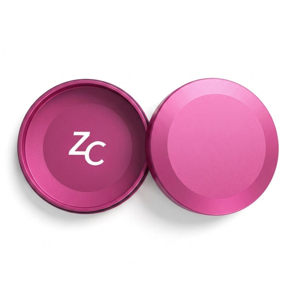 Z Caddy metal pouch can in pink, lid and base shown separated from above