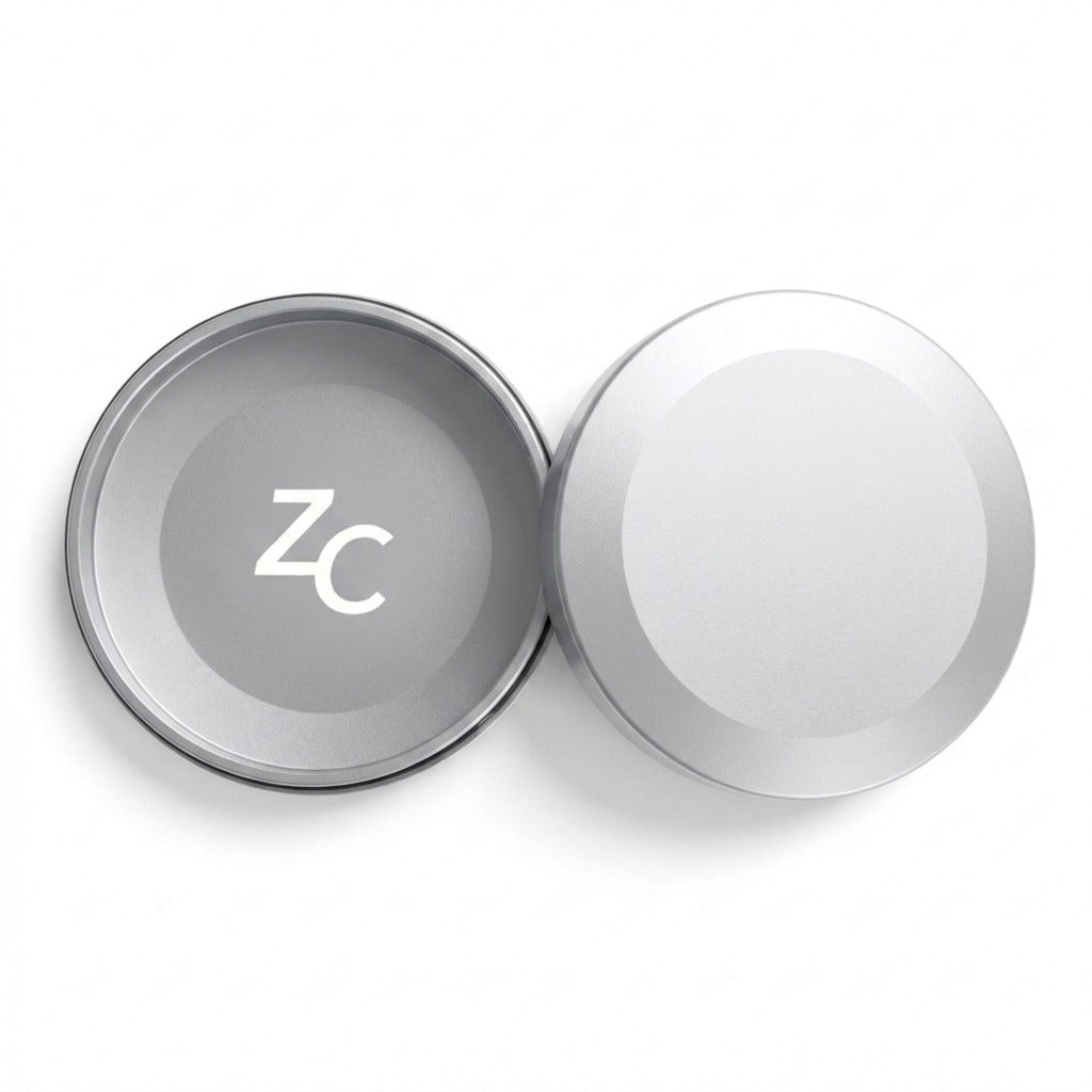 Z Caddy metal pouch can in silver, lid and base shown separated from above