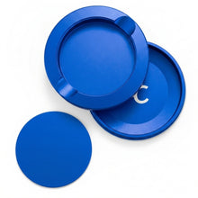 Z Caddy metal pouch can in blue, lid, disposal chamber and base shown separated from above