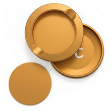 Z Caddy metal pouch can in gold, lid, disposal chamber and base shown separated from above