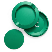 Z Caddy metal pouch can in green, lid, disposal chamber and base shown separated from above