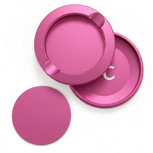 Z Caddy metal pouch can in pink, lid, disposal chamber and base shown separated from above