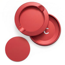 Z Caddy metal pouch can in red, lid, disposal chamber and base shown separated from above