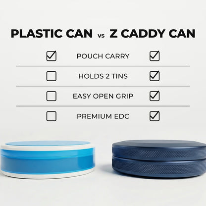 Z Caddy Chonk Tread knurled texture grip metal pouch can in navy blue beside a standard plastic pouch can, chart comparing pouch carry, easy open grip, premium EDC and built-in disposal