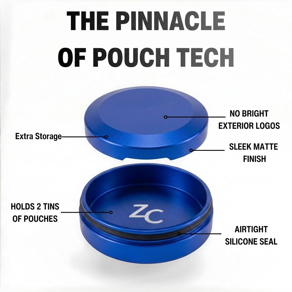 Z Caddy Chonk metal pouch can in blue, exploded view of the lid, disposal chamber and base with airtight silicone seal