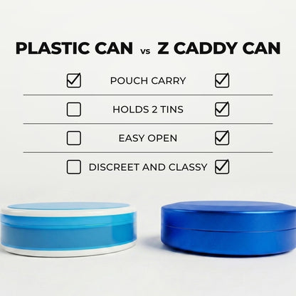 Z Caddy Chonk metal pouch can in blue beside a standard plastic pouch can, chart comparing pouch carry, discreet and classy design, easy open and built-in disposal