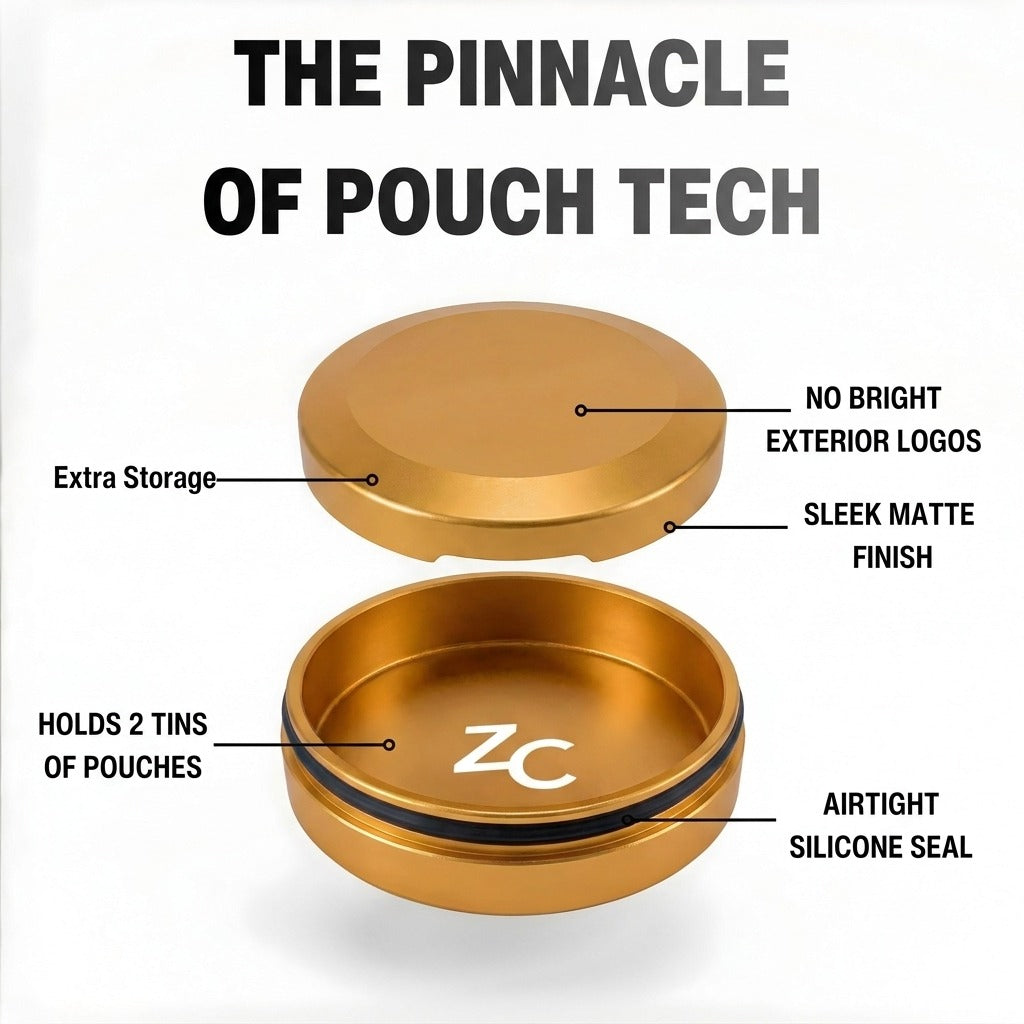 Z Caddy Chonk metal pouch can in gold, exploded view of the lid, disposal chamber and base with airtight silicone seal