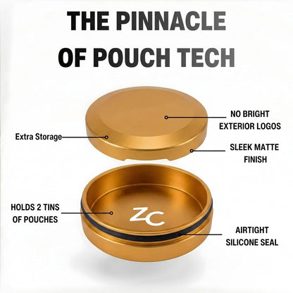 Z Caddy Chonk metal pouch can in gold, exploded view of the lid, disposal chamber and base with airtight silicone seal