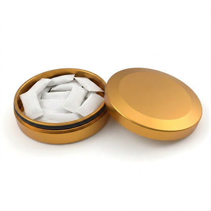 Z Caddy Chonk metal pouch can in gold, open with pouches in the storage chamber