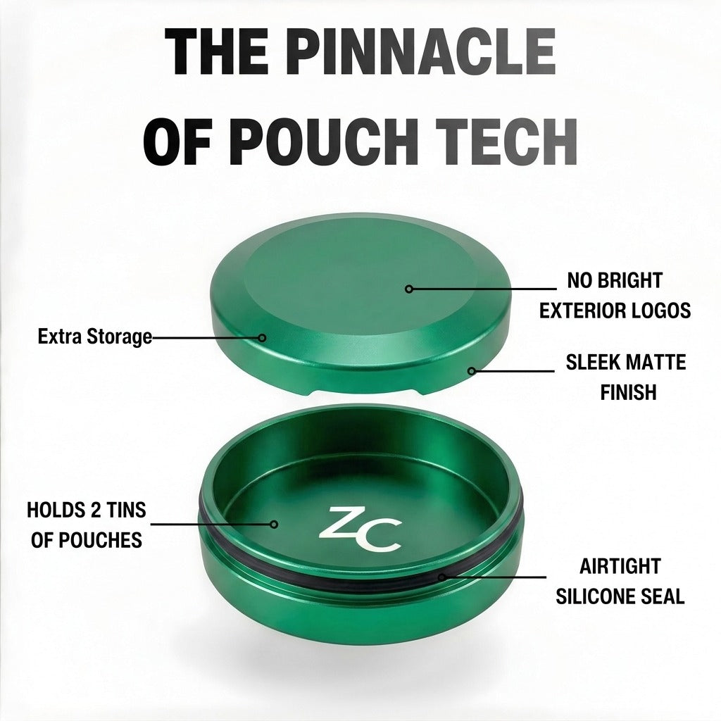 Z Caddy Chonk metal pouch can in green, exploded view of the lid, disposal chamber and base with airtight silicone seal