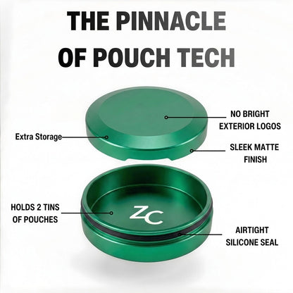 Z Caddy Chonk metal pouch can in green, exploded view of the lid, disposal chamber and base with airtight silicone seal