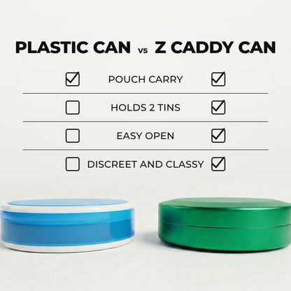 Z Caddy Chonk metal pouch can in green beside a standard plastic pouch can, chart comparing pouch carry, discreet and classy design, easy open and built-in disposal