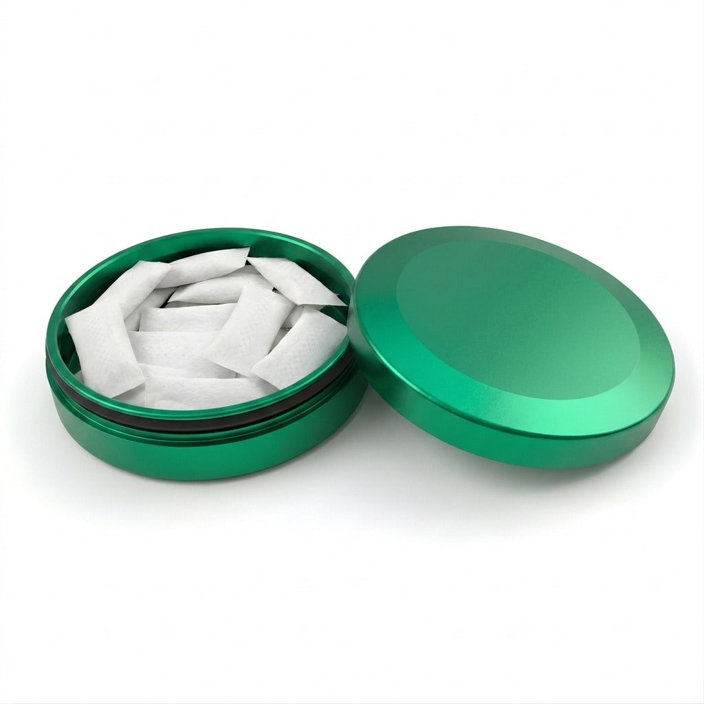 Z Caddy Chonk metal pouch can in green, open with pouches in the storage chamber