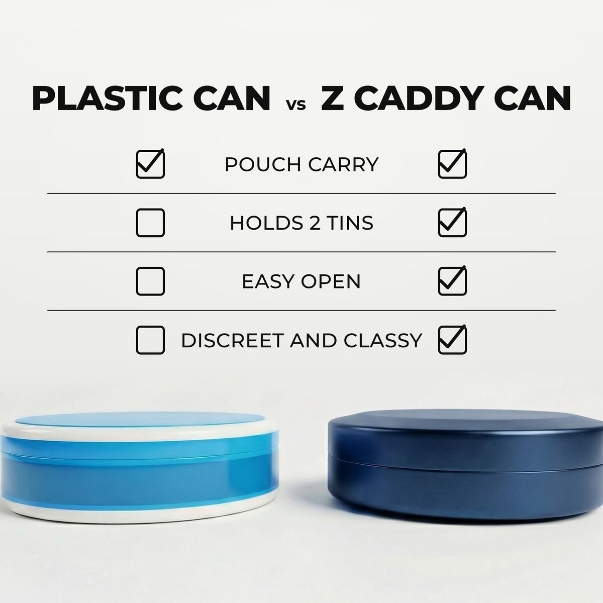 Z Caddy Chonk metal pouch can in navy blue beside a standard plastic pouch can, chart comparing pouch carry, discreet and classy design, easy open and built-in disposal