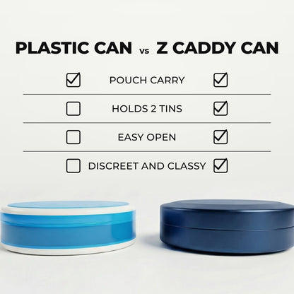 Z Caddy Chonk metal pouch can in navy blue beside a standard plastic pouch can, chart comparing pouch carry, discreet and classy design, easy open and built-in disposal