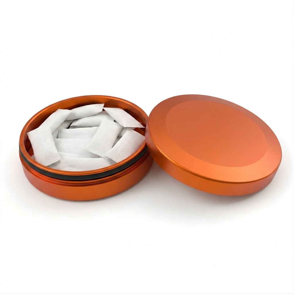 Z Caddy Chonk metal pouch can in orange, open with pouches in the storage chamber