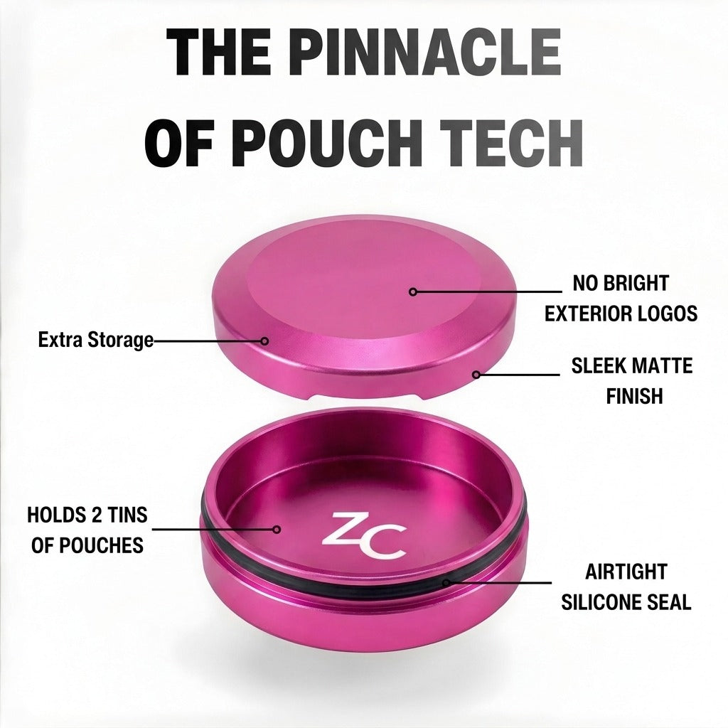 Z Caddy Chonk metal pouch can in pink, exploded view of the lid, disposal chamber and base with airtight silicone seal