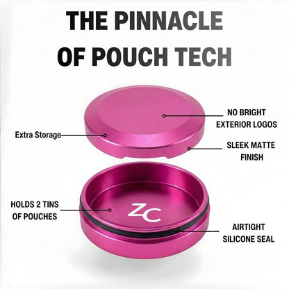 Z Caddy Chonk metal pouch can in pink, exploded view of the lid, disposal chamber and base with airtight silicone seal