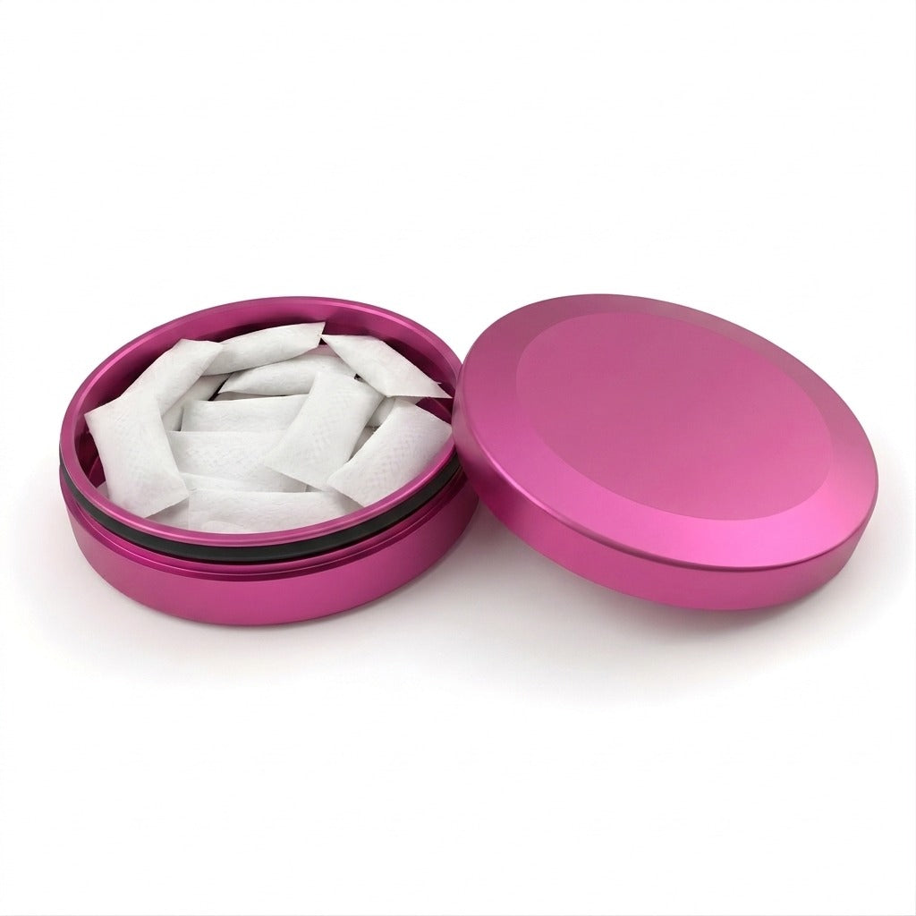 Z Caddy Chonk metal pouch can in pink, open with pouches in the storage chamber