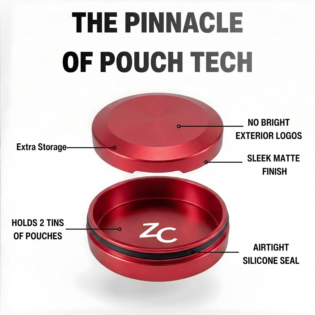 Z Caddy Chonk metal pouch can in red, exploded view of the lid, disposal chamber and base with airtight silicone seal