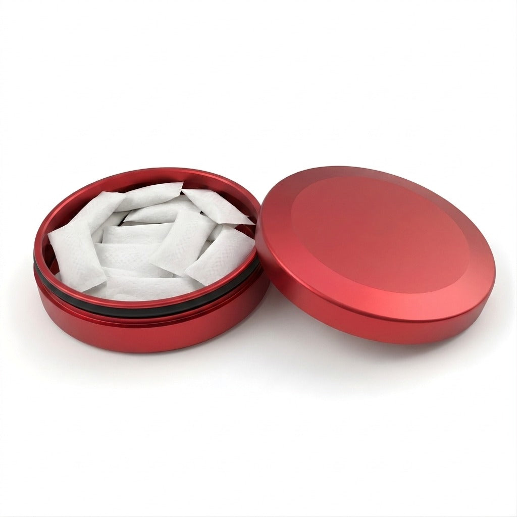 Z Caddy Chonk metal pouch can in red, open with pouches in the storage chamber