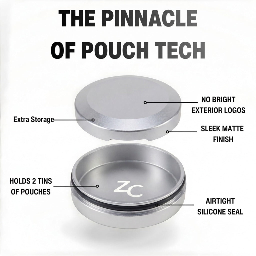 Z Caddy Chonk metal pouch can in silver, exploded view of the lid, disposal chamber and base with airtight silicone seal