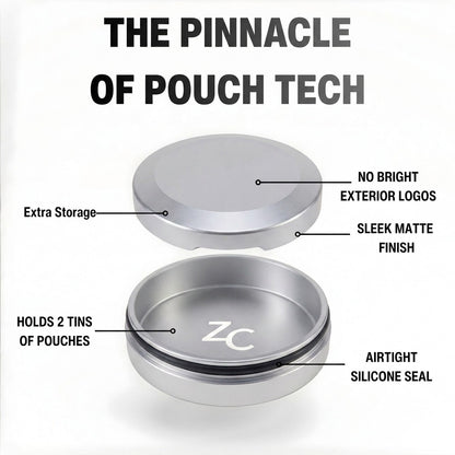 Z Caddy Chonk metal pouch can in silver, exploded view of the lid, disposal chamber and base with airtight silicone seal