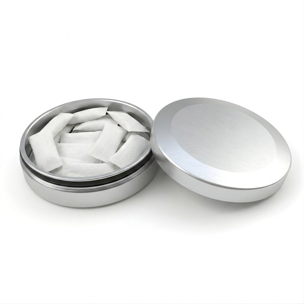 Z Caddy Chonk metal pouch can in silver, open with pouches in the storage chamber