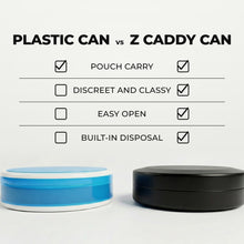 Z Caddy OG metal pouch can in black beside a standard plastic pouch can, chart comparing pouch carry, discreet and classy design, easy open and built-in disposal