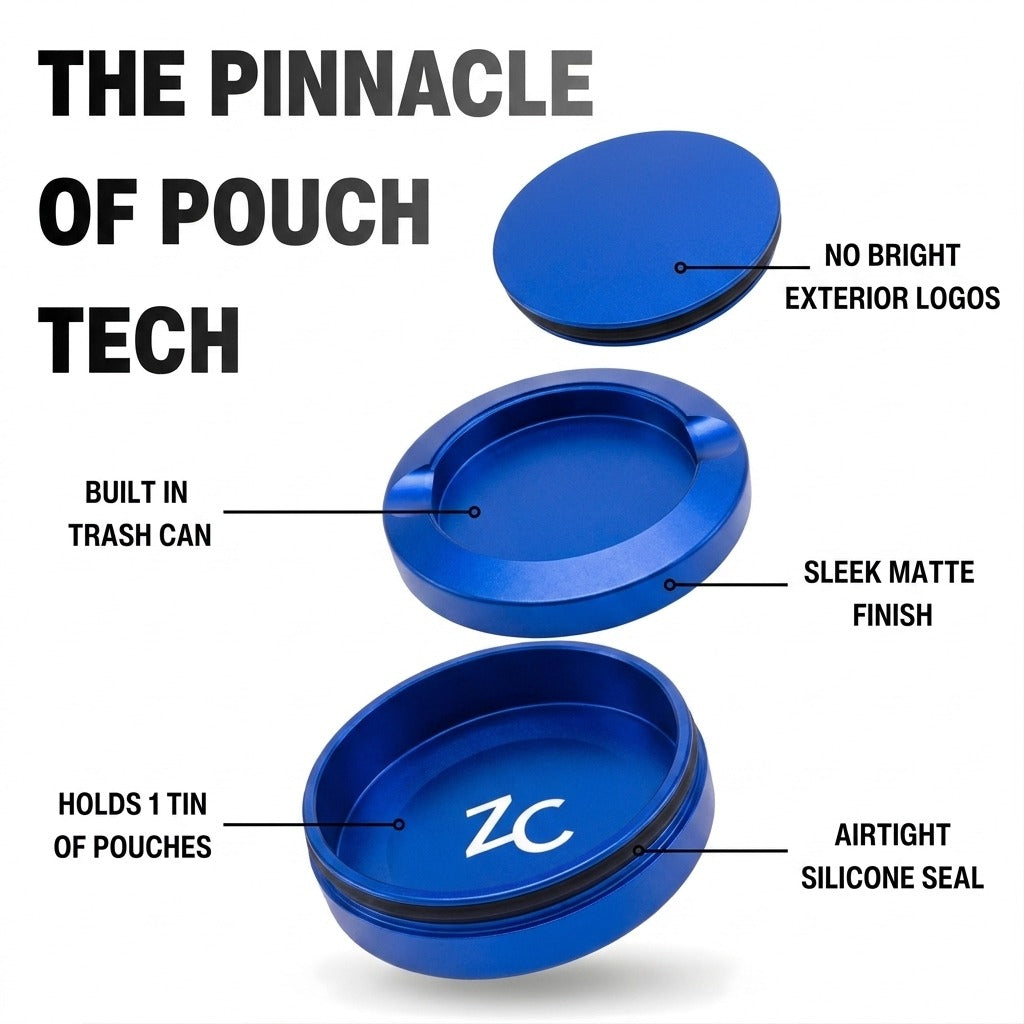 Z Caddy OG metal pouch can in blue, exploded view of the lid, disposal chamber and base with airtight silicone seal