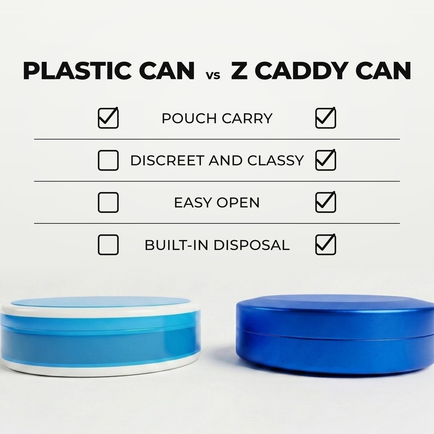 Z Caddy OG metal pouch can in blue beside a standard plastic pouch can, chart comparing pouch carry, discreet and classy design, easy open and built-in disposal