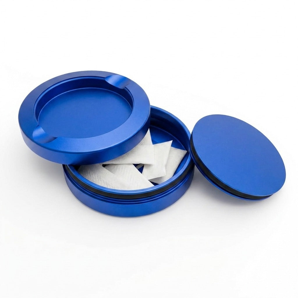 Z Caddy OG metal pouch can in blue, open with pouches in the storage chamber