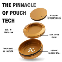 Z Caddy OG metal pouch can in gold, exploded view of the lid, disposal chamber and base with airtight silicone seal