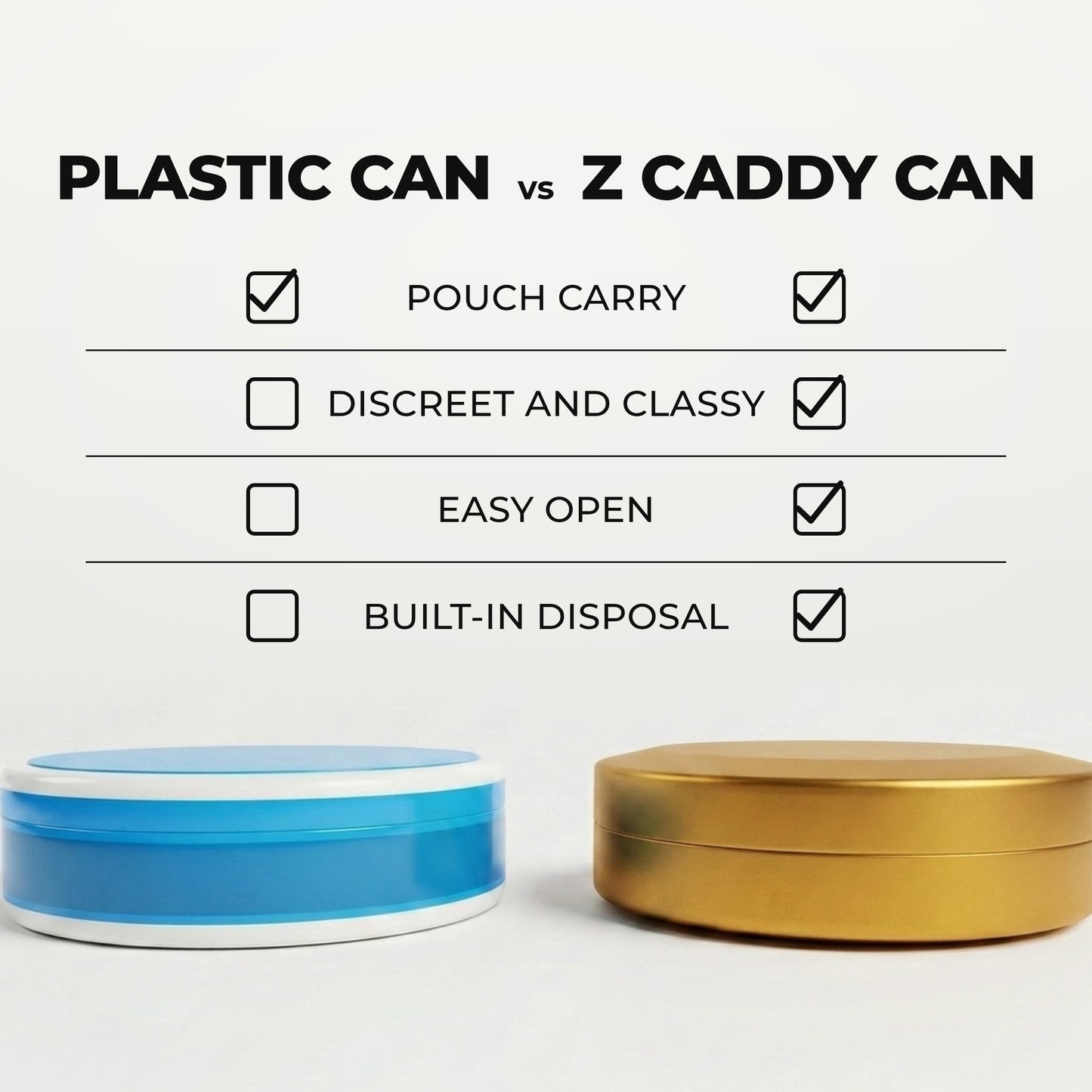 Z Caddy OG metal pouch can in gold beside a standard plastic pouch can, chart comparing pouch carry, discreet and classy design, easy open and built-in disposal