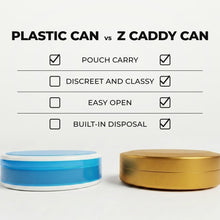 Z Caddy OG metal pouch can in gold beside a standard plastic pouch can, chart comparing pouch carry, discreet and classy design, easy open and built-in disposal