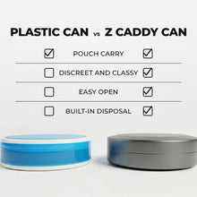 Z Caddy OG metal pouch can in gray beside a standard plastic pouch can, chart comparing pouch carry, discreet and classy design, easy open and built-in disposal