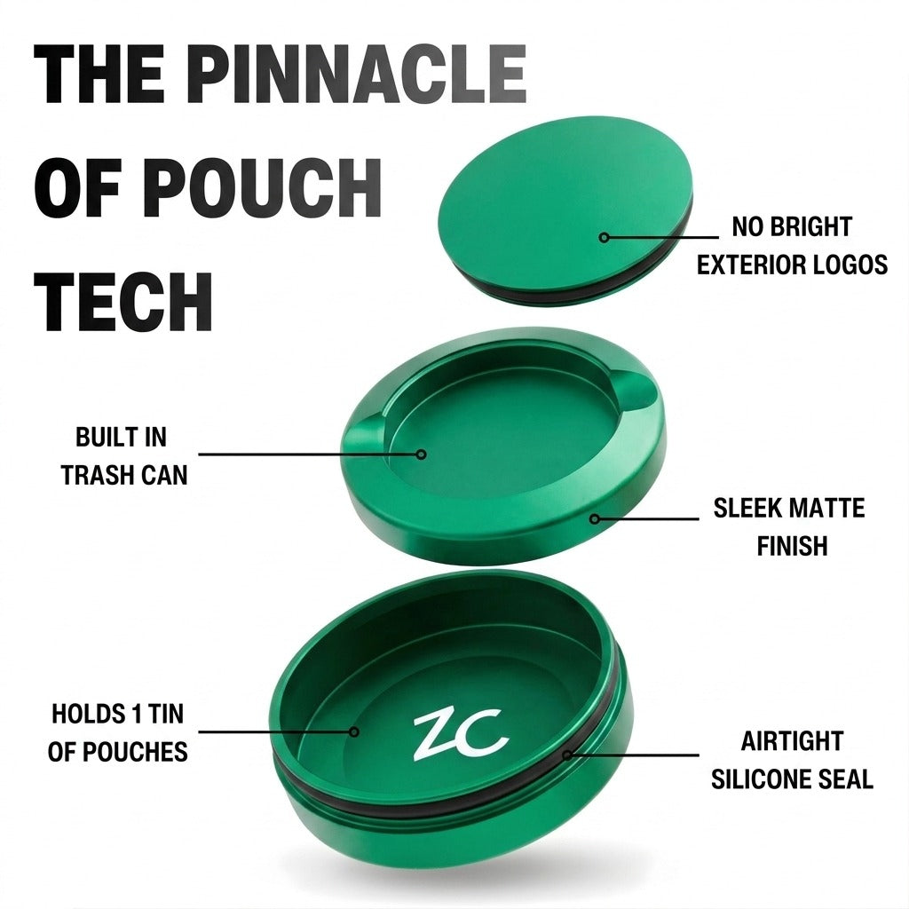 Z Caddy OG metal pouch can in green, exploded view of the lid, disposal chamber and base with airtight silicone seal