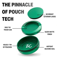 Z Caddy OG metal pouch can in green, exploded view of the lid, disposal chamber and base with airtight silicone seal