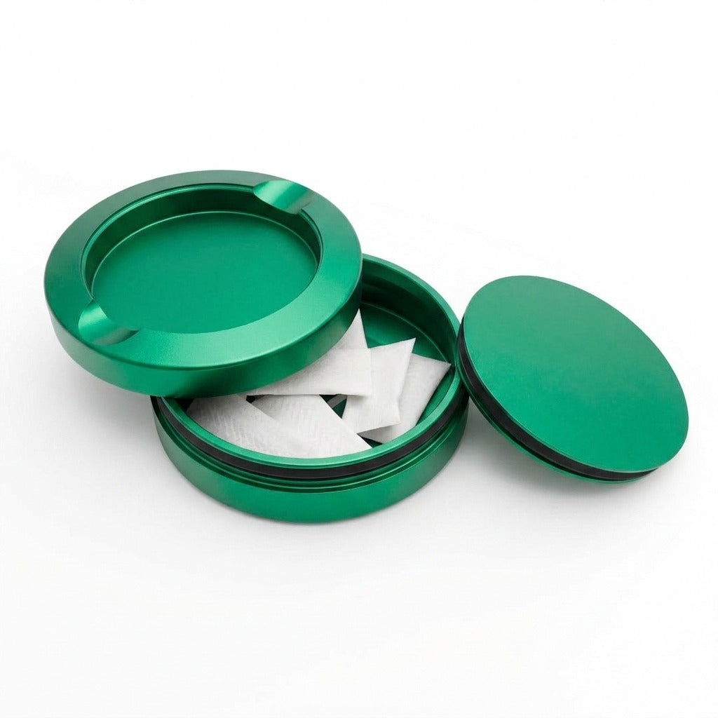 Z Caddy OG metal pouch can in green, open with pouches in the storage chamber