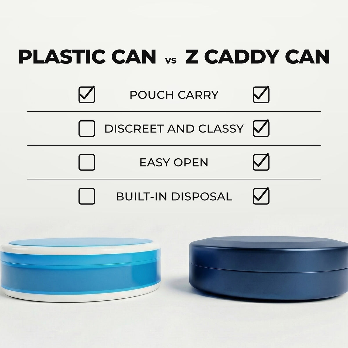 Z Caddy OG metal pouch can in navy blue beside a standard plastic pouch can, chart comparing pouch carry, discreet and classy design, easy open and built-in disposal