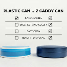 Z Caddy OG metal pouch can in navy blue beside a standard plastic pouch can, chart comparing pouch carry, discreet and classy design, easy open and built-in disposal