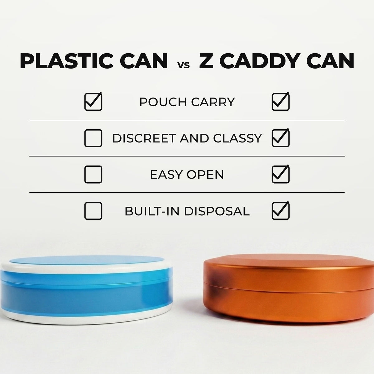 Z Caddy OG metal pouch can in orange beside a standard plastic pouch can, chart comparing pouch carry, discreet and classy design, easy open and built-in disposal