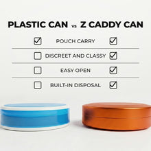 Z Caddy OG metal pouch can in orange beside a standard plastic pouch can, chart comparing pouch carry, discreet and classy design, easy open and built-in disposal