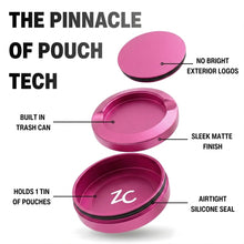 Z Caddy OG metal pouch can in pink, exploded view of the lid, disposal chamber and base with airtight silicone seal
