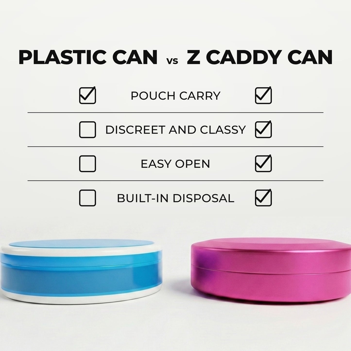 Z Caddy OG metal pouch can in pink beside a standard plastic pouch can, chart comparing pouch carry, discreet and classy design, easy open and built-in disposal