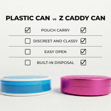 Z Caddy OG metal pouch can in pink beside a standard plastic pouch can, chart comparing pouch carry, discreet and classy design, easy open and built-in disposal