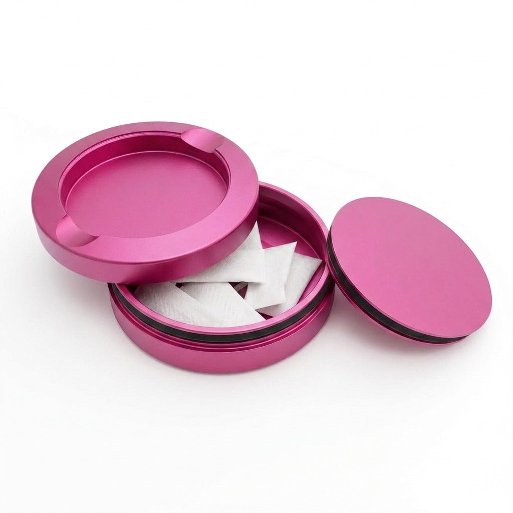Z Caddy OG metal pouch can in pink, open with pouches in the storage chamber