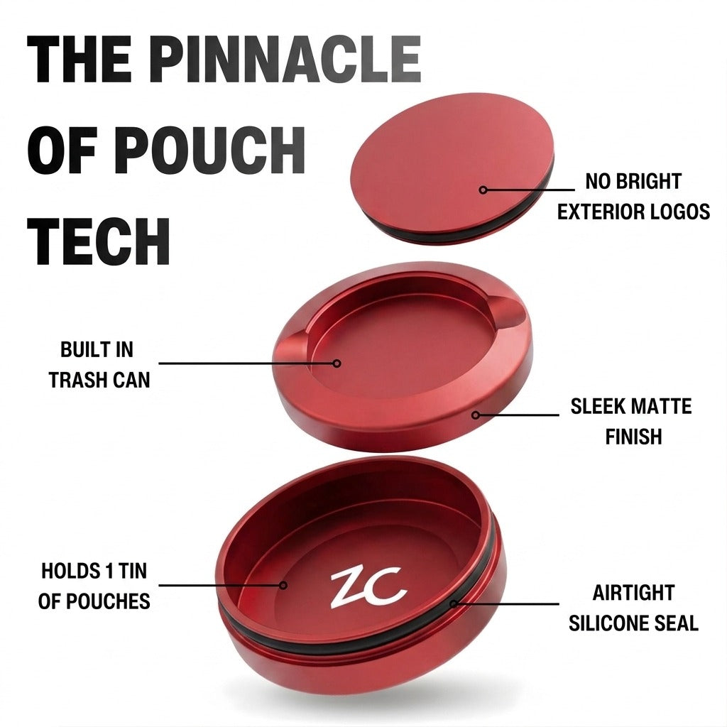 Z Caddy OG metal pouch can in red, exploded view of the lid, disposal chamber and base with airtight silicone seal