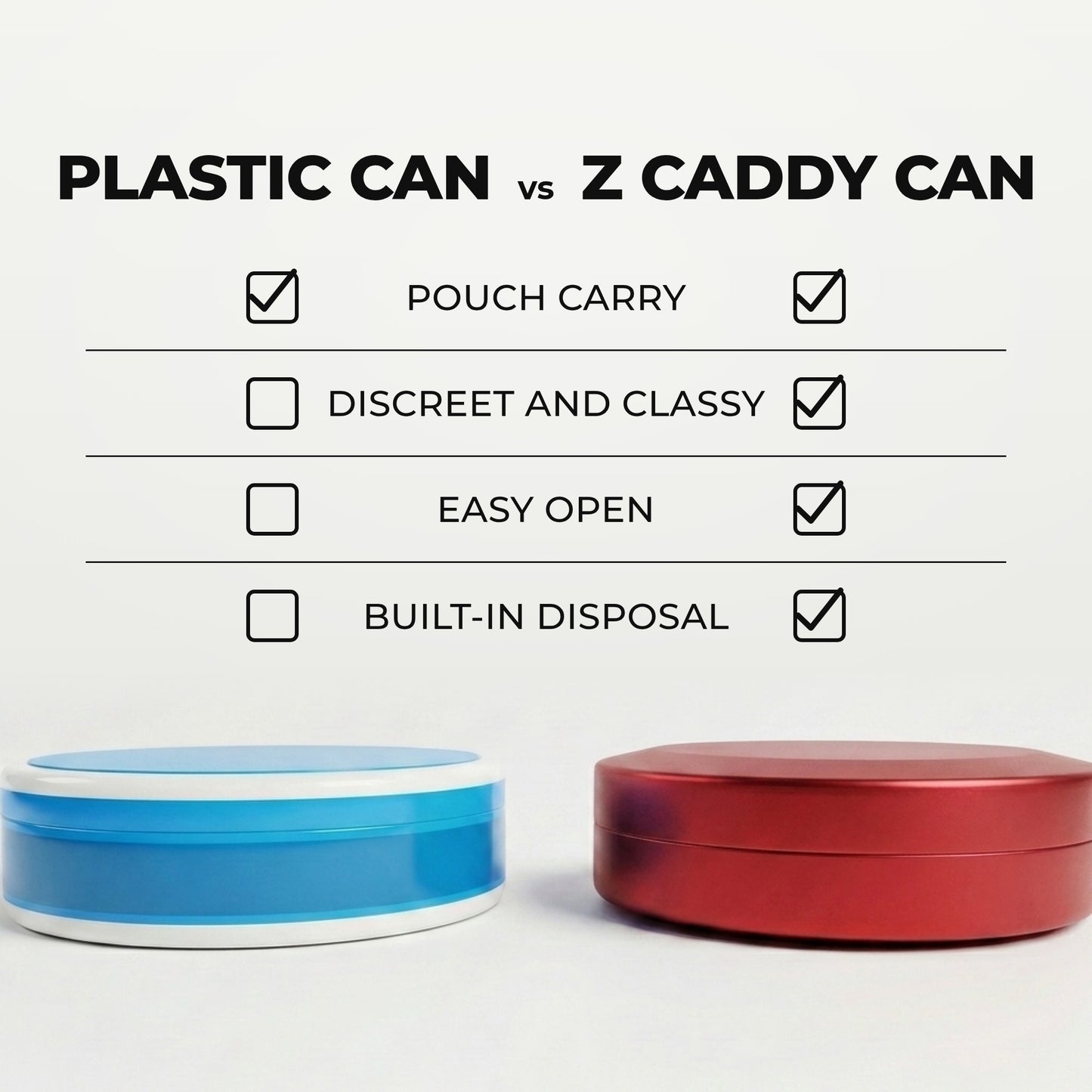 Z Caddy OG metal pouch can in red beside a standard plastic pouch can, chart comparing pouch carry, discreet and classy design, easy open and built-in disposal